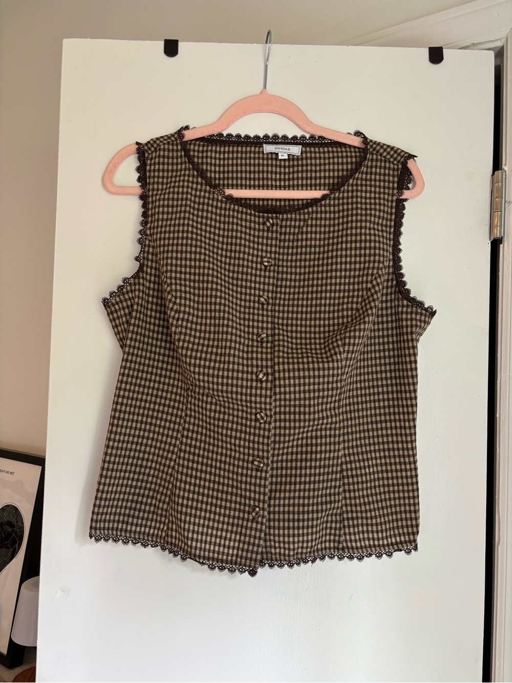NWOT Rihoas Brown Plaid Button Vest with Tie Back | XL